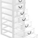 Rempry 7.1"x5.1"x13.2" Mini Organizer Box Storage Container Case with 7 Clear Desktop Drawer Units,White