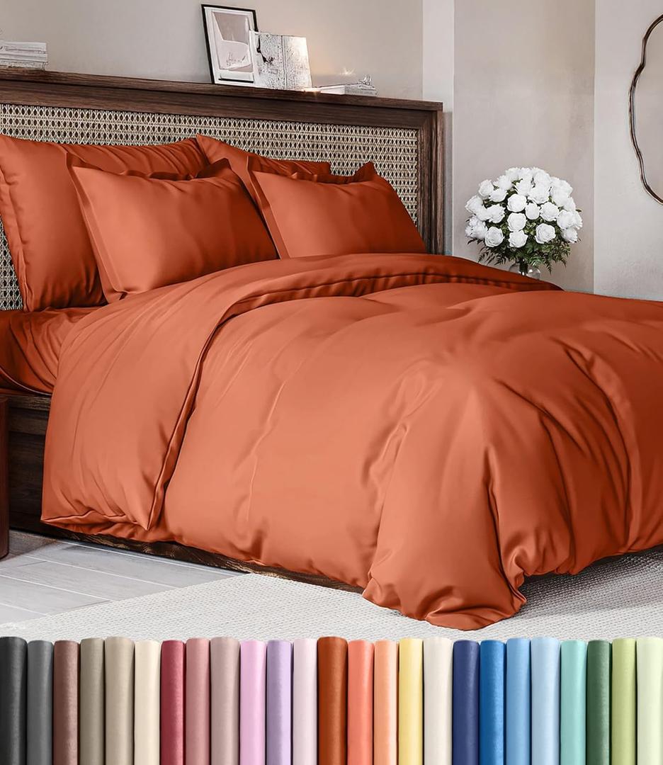 Duvet Cover Queen Size Set - Extra Soft Queen Duvet Cover 90" x 90" with 2 Pillow Shams - Hotel Luxury, Easy Care & Fade Free w/ Zipper Closures & Ties - All Season, Comfy & Breathable (Terracotta)