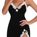 Aranmei Women Sexy Lace Chemise Nightgown Sleepwear V Neck Full Slip Babydoll Lingerie Sleep Dress(Black Medium)