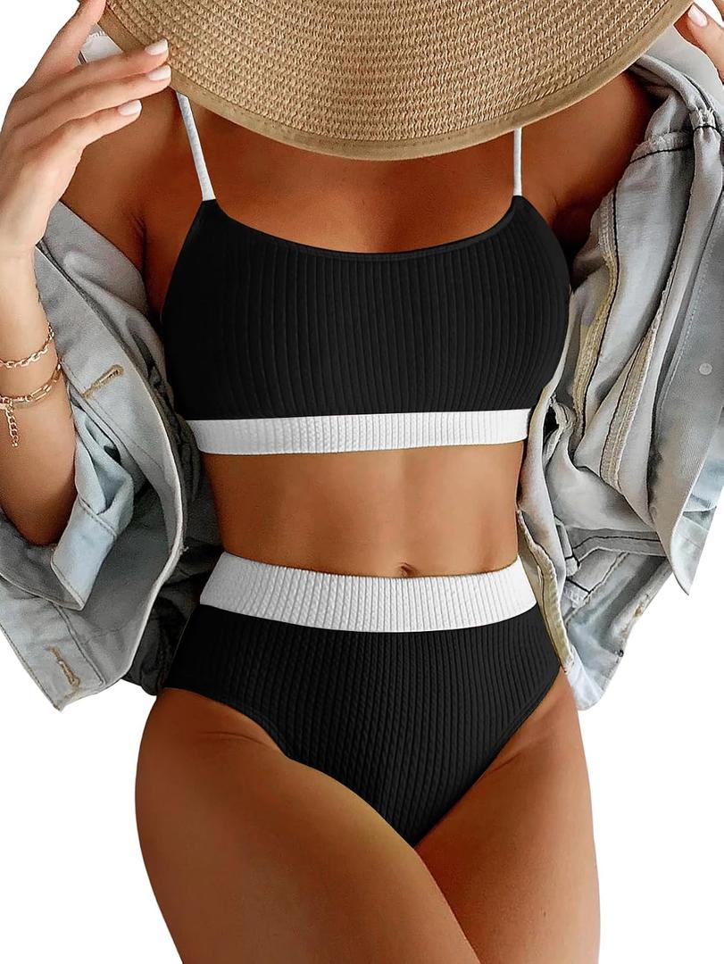 Lilosy High Waisted Tummy Control Ribbed Bikini Crop Top Brazilian Swimsuit Set 2 Piece, Small