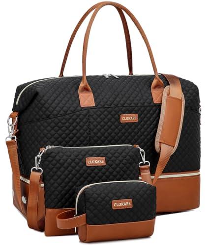 CLOKARS Travel Bag for Women, Weekender Bags Large Carry On Overnight Bag Duffel with Separate Shoes Compartment & Strap, Hospital Bags for Labor and Delivery, Black Brown