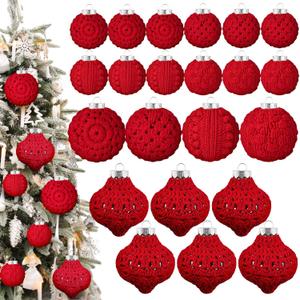 Syhood 24 Pcs Crochet Christmas Ornaments 5 Styles 2.36" 3.15" Handmade Crochet Knitted Christmas Pinecone Ball Ornaments for Xmas Tree Party Decoration Supplies(Red)