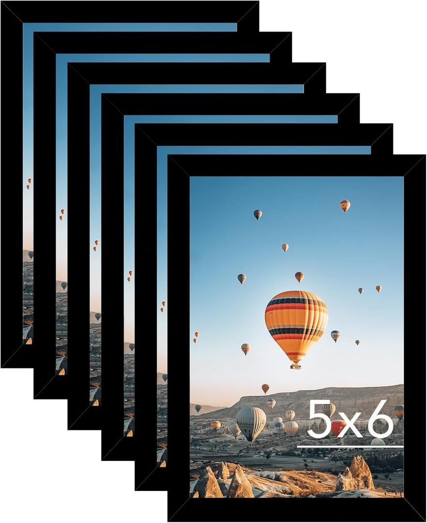 JCJMY 5x6 Black Picture Frame Set of 6, Horizontal and Vertical Formats for Wall Hanging, 5 x 6 Wall Gallery Poster Photo Frames with Shatter Resistant Plexiglass, 6 Pack, Black
