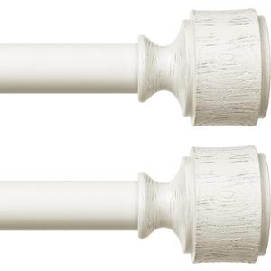 2 Pack Antique White Wood Curtain Rod, Decorative Heavy Duty Curtain Rods for Windows 48 to 84 Inch, Adjustable Rustic Farmhouse 1'' Metal Drapery Pole with Modern Faux Wood Grain Finials