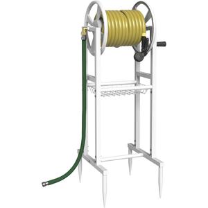 Garbuildman Ground Mount Garden Hose Reel Holds 125 Feet of 5/8-Inch with 3.9 ft Leader Hose, Brass Fitting, Water Hose Holder Stand with Storage Rack & 4 Spikes Base for Outdoor Lawn, White