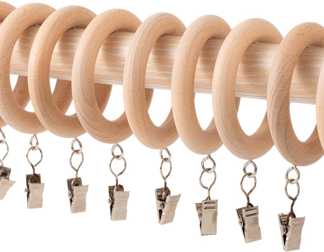 Wood Curtain Rings with Clips, Farmhouse Drapery Clips for 1.1-inch Curtain Rod Pole, Wooden Rings for Drapes (12-Pack, 1.42-inch Inner Diameter)
