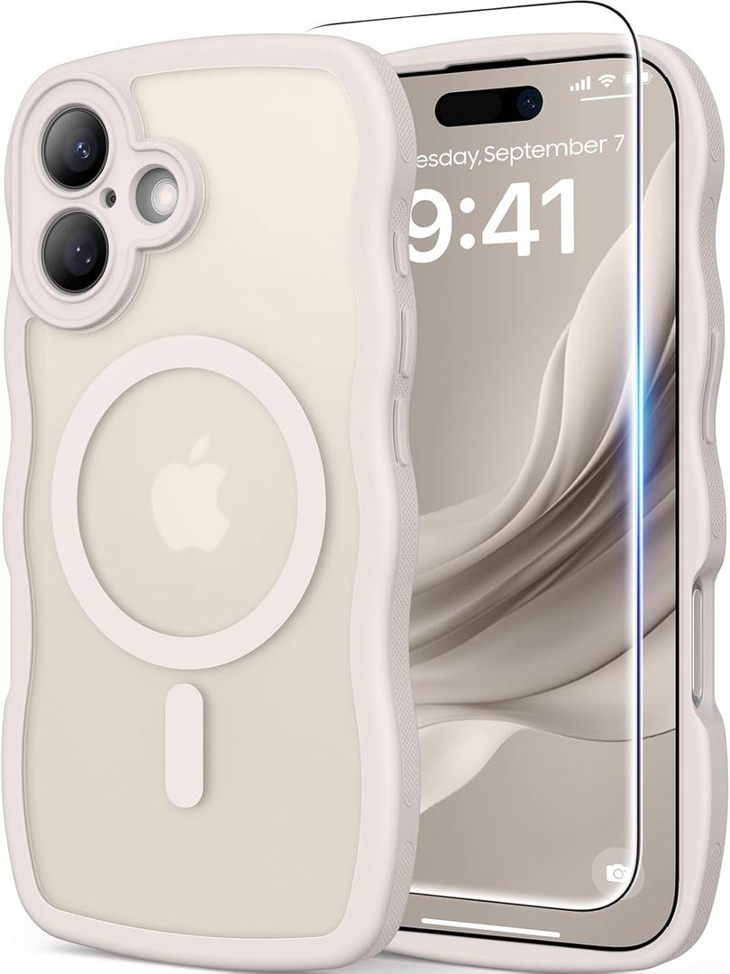 3 in 1 Magnetic for iPhone 17 Case, Cute Wavy [Full Camera Protection] [Fit for MagSafe] 1X Screen Protector+1X Wrist Strap, Anti-Slip Trendy Women Girly Phone Case for iPhone 17 6.3", Stone White