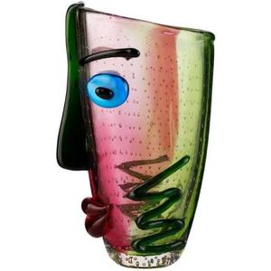 Yao Yuan Hand Blown Murano Style Art Glass Vase with face, Multicolor, 14.57in Tall (Green and Pink)