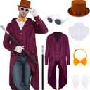 Purple Tailcoat Set with Top Hat Tie Glasses, Gloves for Halloween Party Costume (Large)