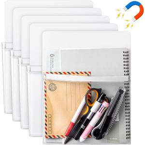 Henoyso 5 Pcs Magnetic File Holder Paper Holder Magnetic Pen Dry Erase Marker Organizer Fridge Pocket Organizer for Whiteboard Refrigerator, 12 x 9.5 in (White)