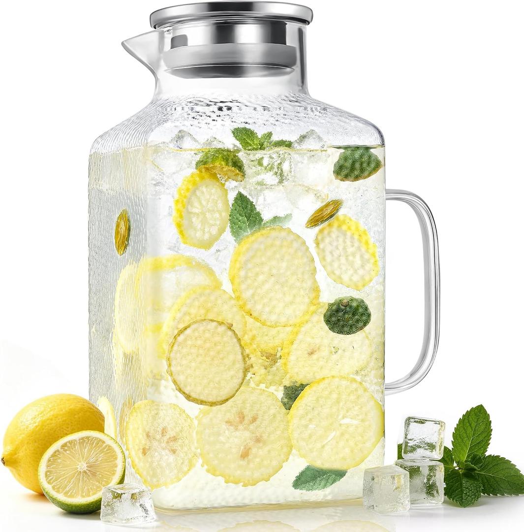 1 Gallon Thickened Glass Pitcher with Lid and Spout, Square Borosilicate Glass Carafe with Handle for Fridge, Extra Large Water Jug for Hot/Cold Drink, Iced Tea, Coffee, Juice, BeverageSilver