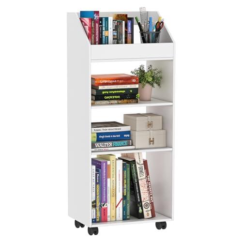 HAYOFAMY 4-Tier Mobile Bookshelf, White Bookcase with Wheels, Rolling File Holder Desk File Book Organizer for Home Office Living Room School