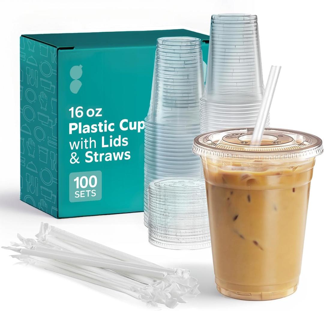 GUSTO - 16 oz - 100 Sets - Clear Plastic Cups with Lids and Straws  Disposable Iced Coffee Cups for Cold Drinks, Smoothies, Boba, and To-Go Beverages  Sturdy, Easy-to-Separate