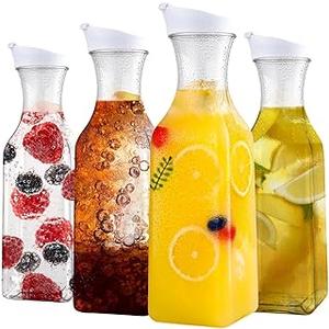 Set of 4 Plastic Carafe with Lid, 50 Oz Carafes for Mimosa Bar, Square Base Juice Containers, Water Bottle, Milk Container, Clear Beverage Containers for Fridge- HAND WASH ONLY