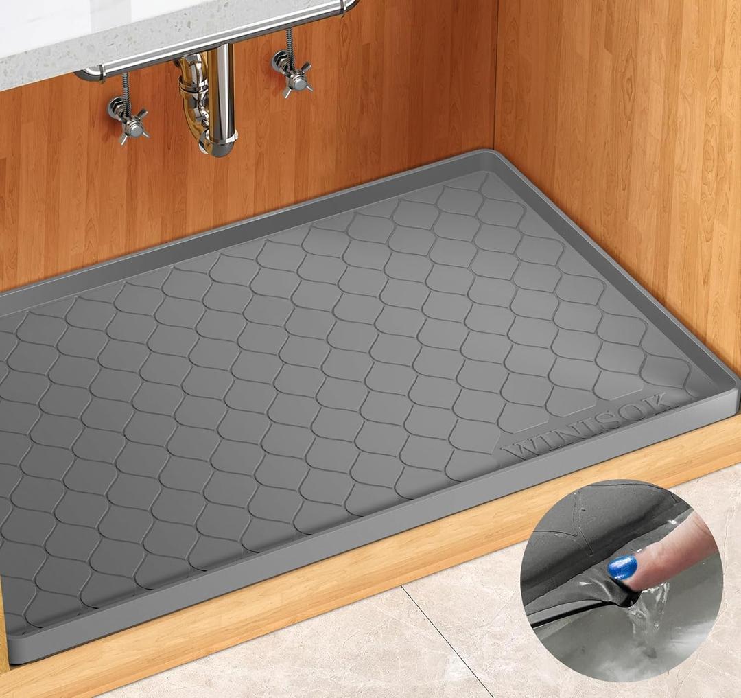 Silicone Under Sink Mat 31" x 22", Kitchen Essentials and Gadgets, Shelf Liner and Cabinet Protector, Home Organizers and Storage, Waterproof Bathroom Tray (22"W x 31"L, Dark Gray)