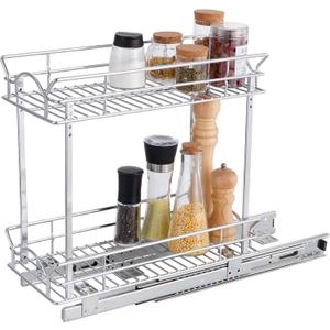 OCG Slide Out Cabinet Organizer for Narrow Cabinet (9" W X 21" D), 2 Tier Pull Out Shelves Slim Sliding Cabinet Organizer and Storage, Chrome