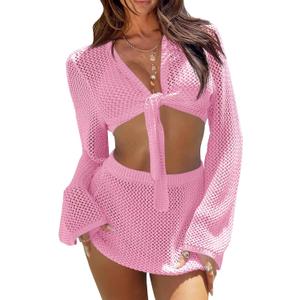 Fisoew Womens Crochet Swimsuit Coverups 2 Piece Bathing Suit Cover Up Long Sleeve Tie Front Crop Top Mini Skirt Sets (Pink)