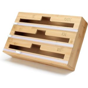 Rae Dunn Bamboo Bag Organizer for Kitchen Drawer - Durable Wood Organizer for Kitchen Storage - Holds Gallon, Quart, Snack, Sandwich Size Baggies, Plastic Wrap and Foil