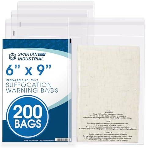 Spartan Industrial - 6” X 9” (200 Count) Self Seal Clear Poly Bags with Suffocation Warning for Packaging, T Shirts & Shipping- Resealable Glue