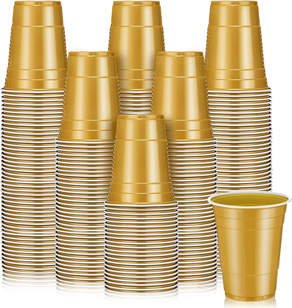 Lounsweer 100 Pcs 16 oz Disposable Party Cups Plastic Heavy Duty Drinking Water Cups for Graduation Baby Shower Wedding BBQ Birthday Picnic Party Supplies(Gold)