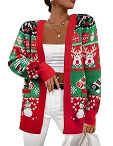 Ugly Christmas Cardigan Sweaters Women: Xmas Knit Sweater Cardigans Oversized Open Front Outerwear with Pockets Green Red