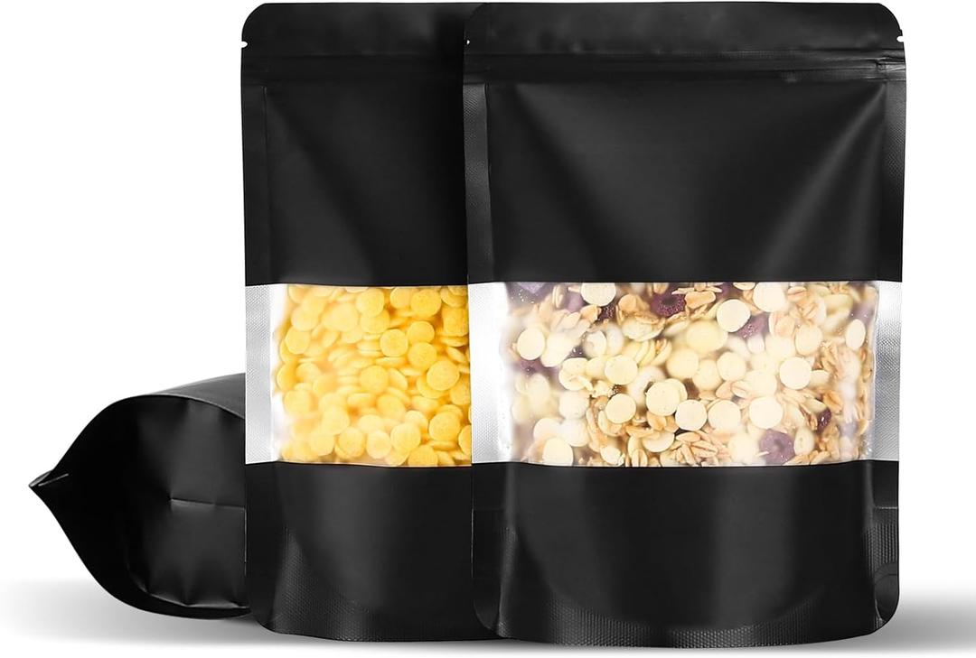 100Pcs 6x9 Inch Smell Proof Bags Stand Up Pouches Resealable Mylar Clear Bags with Window and Zipper Food Storage Coffee Snacks Baked Food Packaging for Small Business (Black)