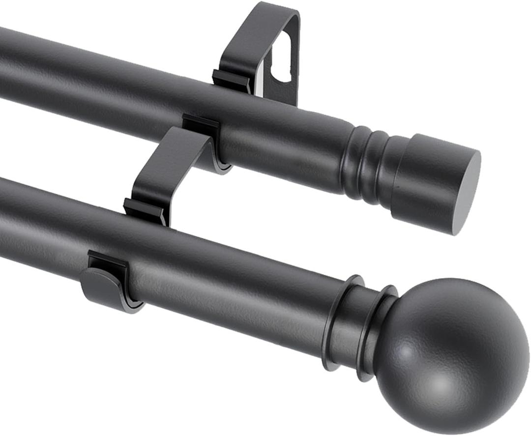 Double Curtain Rods for Windows 31-52 Inches, Black Curtain Rod Set with 2 Poles & Brackets, 5/8 Inch Diameter Metal Drapery Rod for Living Room, Bedroom,Kitchen,Bathroom