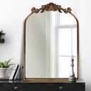 OUSHUAI Gold Traditional Vintage Ornate Baroque Mirror,Gold Brass Mirror for Wall,Victorian Antique Bronze Mirrors Arched for Bathroom/Living Room/Hallway/Fireplace 19"X27"