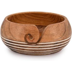 EDHAS Yarn Storage Acacia Wood Hand Made by Indian Artisans Yarn Bowl for Crocheting & Knitting (6" x 6" x 3'')
