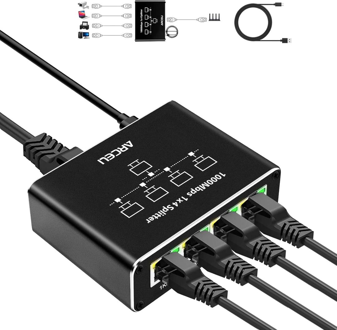 Gigabit Ethernet Splitter 1 to 4 - Network Splitter with USB Power Cable, 1000Mbps High Speed RJ45 Internet Splitt-er Adapter for Cat 5/5e/6/7/8 Cable [4 Devices Networked Simultaneously]