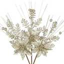 3 Pcs Champagne Artificial Poinsettia Flowers Picks Glitter Christmas Floral Picks and Sprays Christmas Fake Flowers Stems with Berries Pine Branches Fillers for for DIY Centerpieces Vase Decor