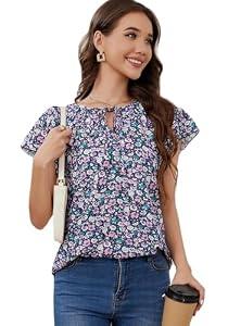 Stamain Womens Summer Tops Floral V Neck Blouses for Women Dressy Casual Short Sleeve Shirts to Wear with Leggings Flowy Ruffle Tunic Top Work Purple, 2XL