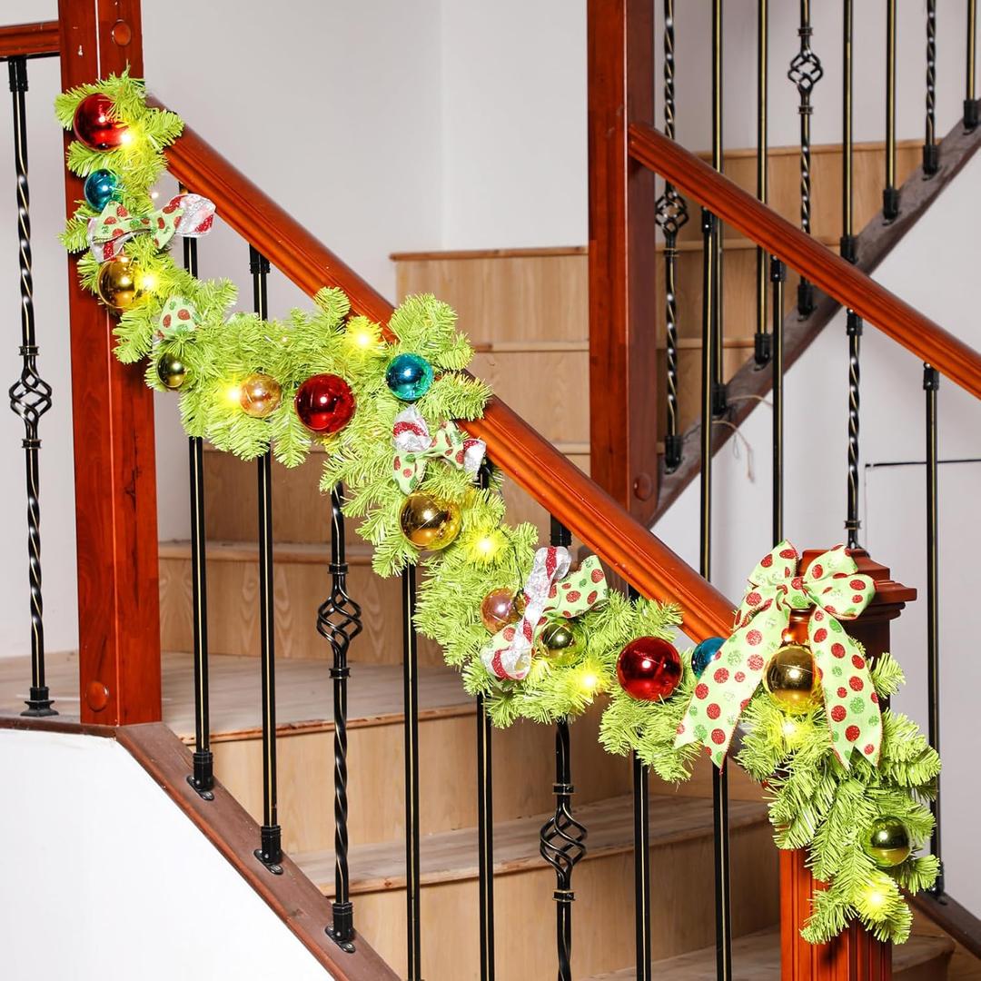 Jutom 6 ft Bright Green Whimsical Christmas Garland with Lights Lime Green Ornament Garland with Christmas Balls Ornaments Xmas TRE for Fireplace Staircase Porch Home Door Outdoor Holiday Decor