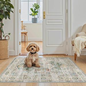 Madane Washable Area Rug 2x3, Small Entryway Rug Non-Slip Vintage Door Mat Indoor Entrance, Low Pile Floor Carpet for Inside Front Door Bedroom Kitchen Entry Laundry (2'x3', Green)
