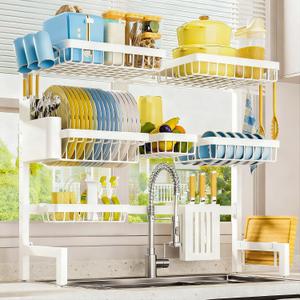 Sakugi Dish Drying Rack - Over The Sink Dish Drainer Drying Rack with Utensil & Knife Holder, Hooks, Stainless Steel Kitchen Organizers and Storage Solution, 11.8" D x 31.5"~39.0''W x 30" H, White