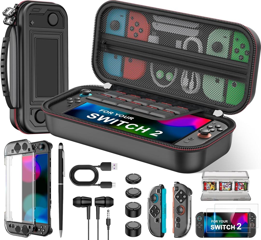 Larstylee 8 in 1 Switch 2 Accessories Bundle, Carrying Case, Screen Protectors, Protective Cases, Thumb Caps, Earbuds, Stylus, Card Case, Cable Skin (Black)