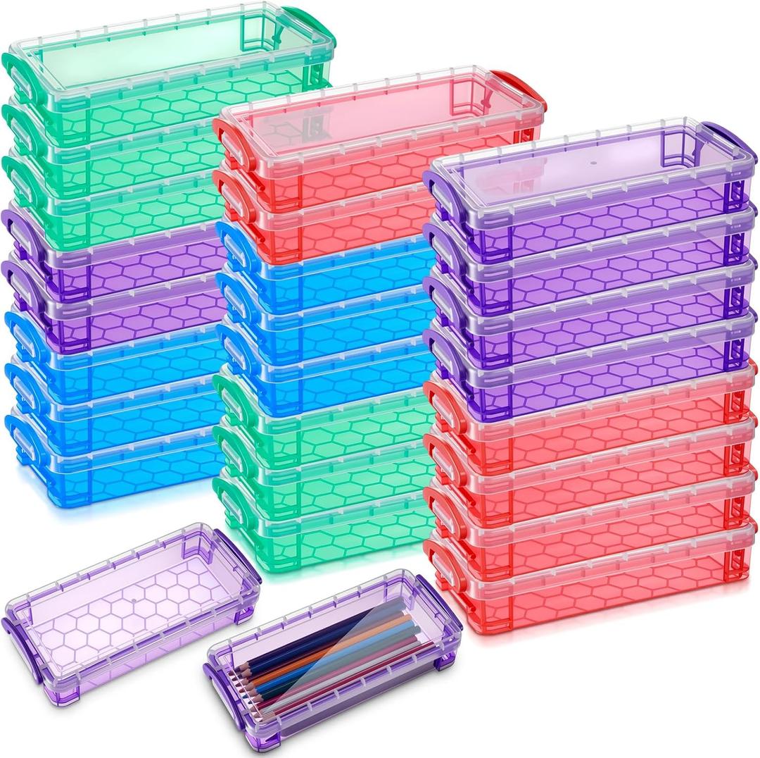Gueevin 24 Pcs Large Capacity Plastic Pencil Box Clear Plastic Pencil Case Crayon Box with Snap Tight Lid Watercolor Pen Storage Brush Organizer Drawing Tools Container (Dark)