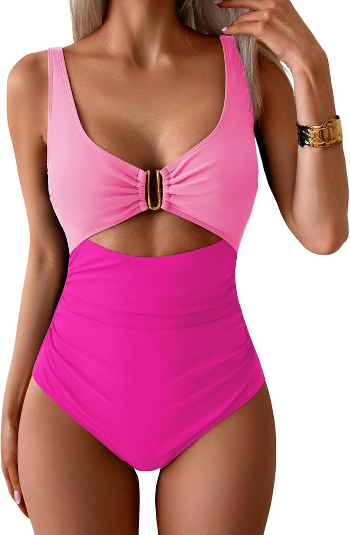 Eomenie Women's One Piece Swimsuit Tummy Control Ruched Bathing Suit Cutout V Neck Swimwear High Cut Tie Back Swim Suit (Pink, L)
