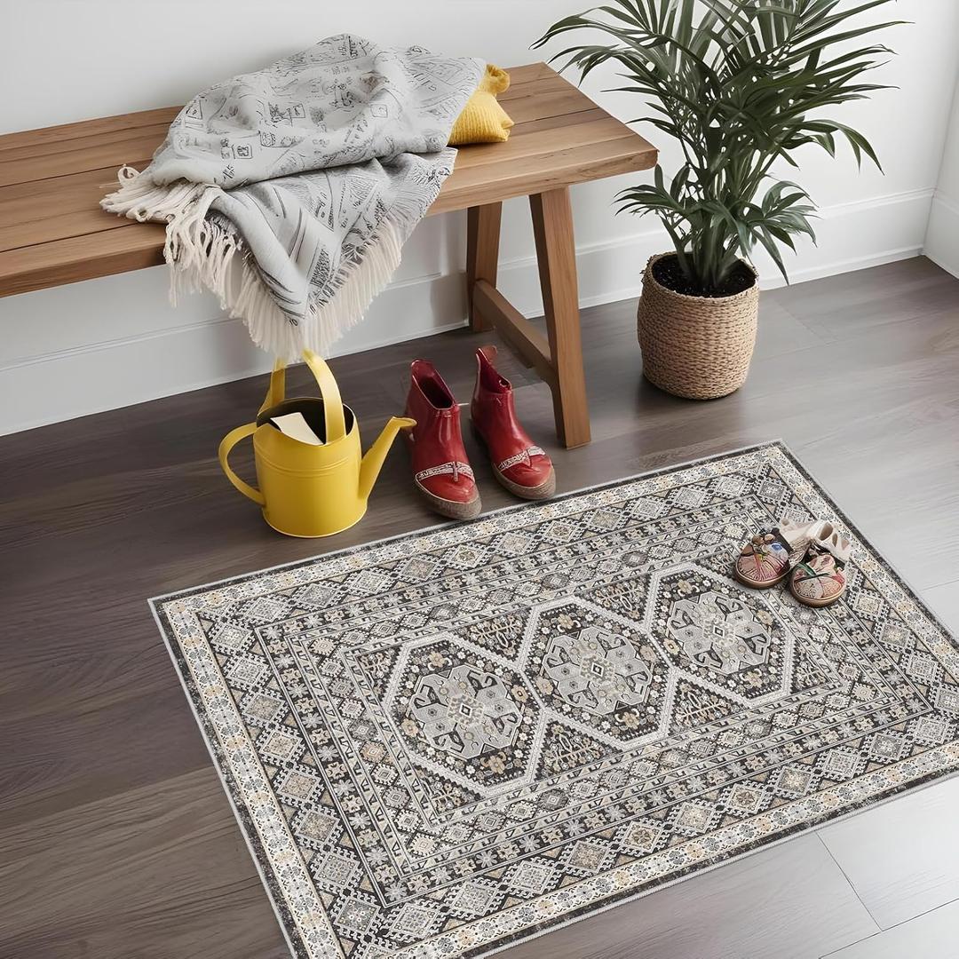 Washable Area Rug Non Slip - 2x3 Small Kitchen Boho Rug Vintage Entryway Low Pile Carpet for Doormat Black