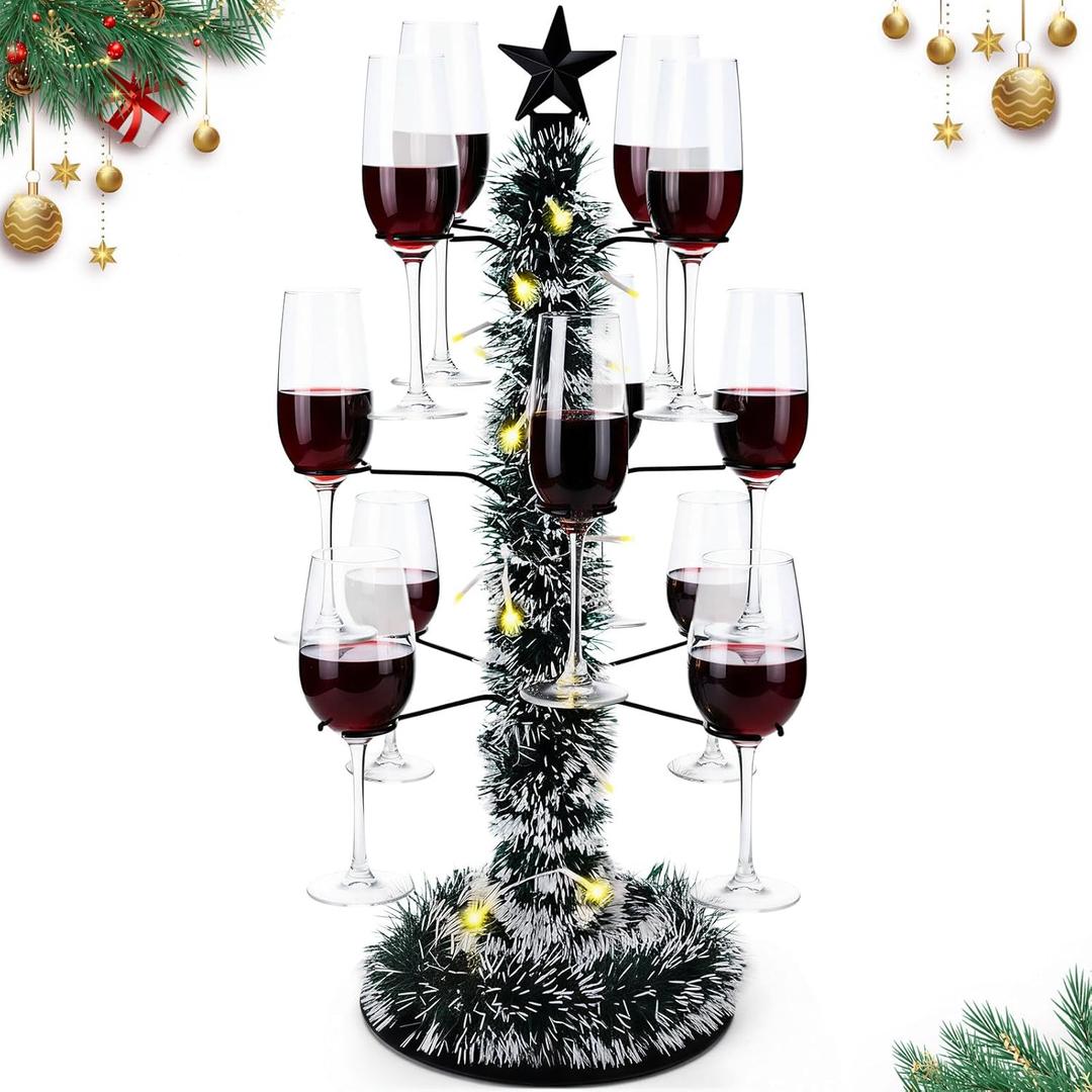 Christmas Cocktail Tree Stand for Drinks 3 Tier 12 Holders Champagne Drink Tree Tower Margarita Stand for Christmas Glass Holder for Party, Birthday, Housewarming Gift (Black)
