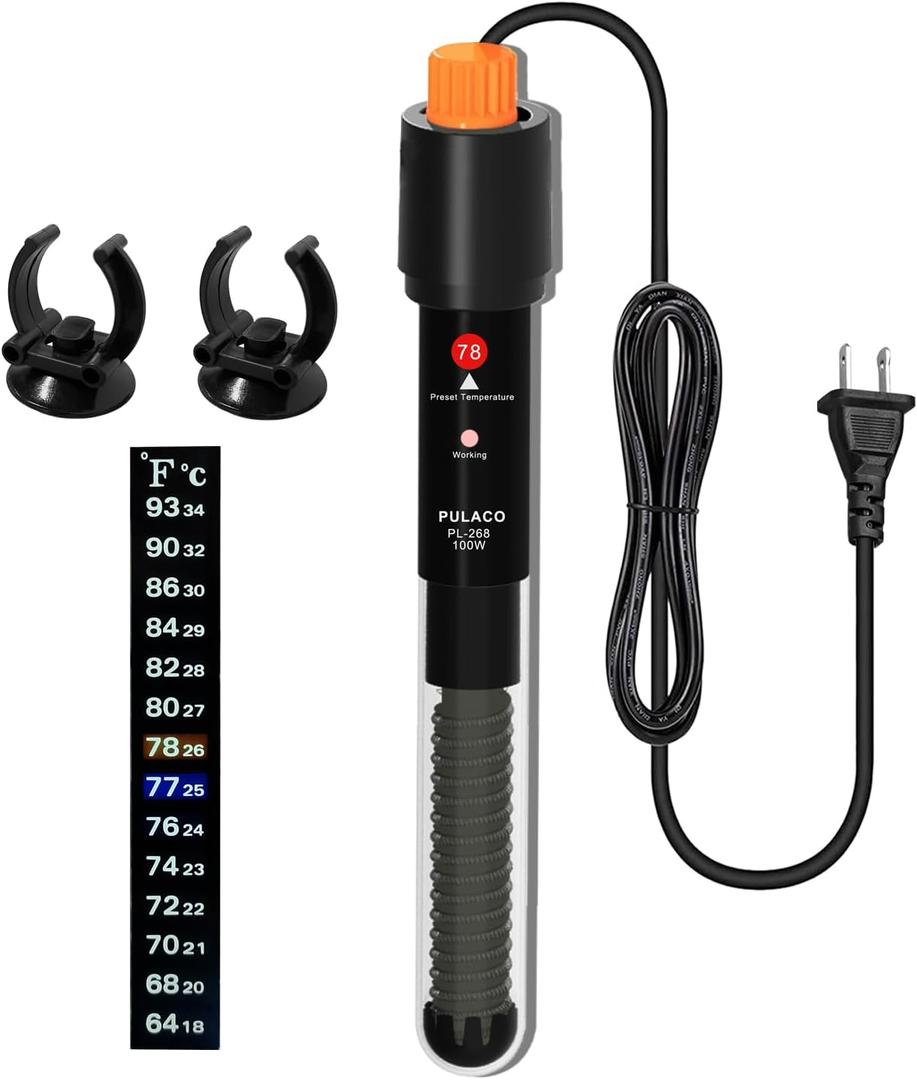 2 x PULACO 100Watt Aquarium Heater for 15-25 Gallon Fish Tank, Adjustable Submersible Heater Thermostat with Thermometer Strip and Suction Cup