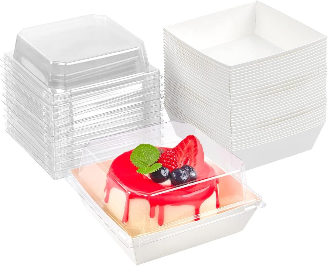 Kucoele 50 Pack Small Charcuterie Boxes with Clear Lids, 4 Inches Paper Bakery Boxes Dessert Boxes Disposable To Go Food Containers for Cookie, Cake Slice, Mini Cake, Chocolate Strawberry (White)