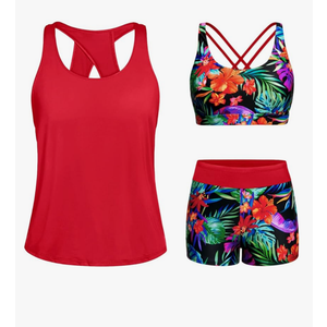 Tempt Me 3 Piece Tankini Swimsuits for Women Athletic Bathing Suits Swim Tank Top with Boy Shorts and Bra Modest Swimwear L