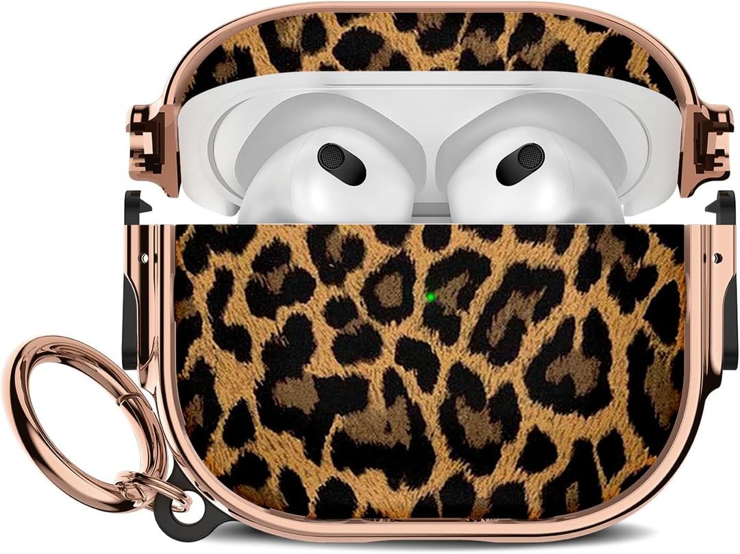 Maxjoy for Cute AirPods 3 Case (2021) with Safety Lock,Compatible Leopard Print AirPod 3rd Generation Case for Women Girly with Keychain-Gold