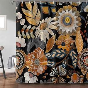 Fowocu Boho Floral Shower Curtain Yellow Abstract Bohemian Flowers Botanical Leaf Bathroom Curtain Vintage Mid Century Modern Waterproof Fabric Shower Curtains for Bathroom Decor 72x72 inch