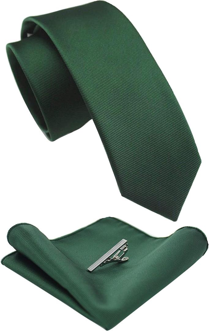 JEMYGINS 2.4" Solid Color Skinny Tie and Pocket Square with Tie Clip Sets for Men (6cm) (Dark Green)