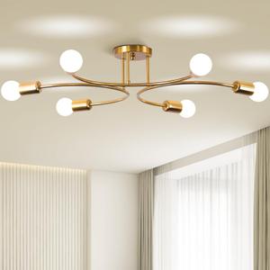 FRIXCHUR 6-Light Sputnik Chandelier, Gold Mid-Century Modern Semi Flush Mount Ceiling Light, Metal Fixture with E26 Sockets for Bedroom, Living Room, Kitchen (Bulbs Not Included)