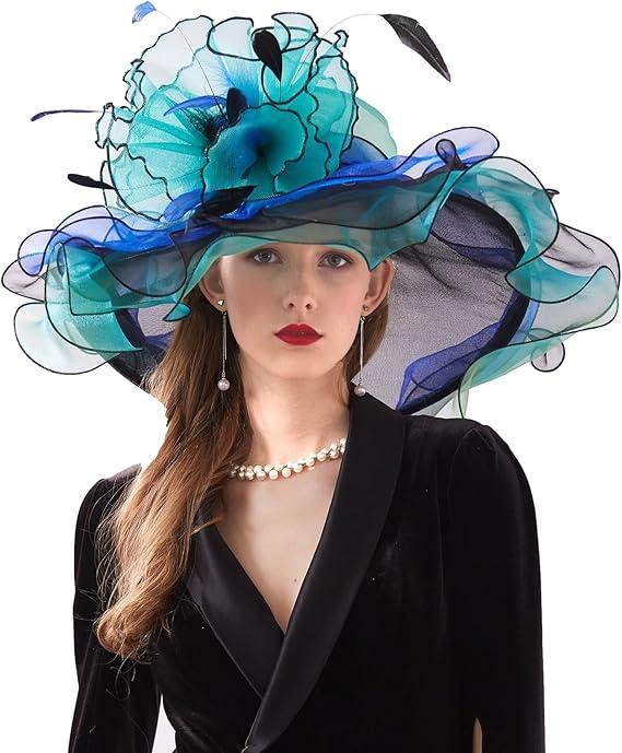 ORIDOOR Women Hats Headband Hairpin Organza Fascinator Church Hat Floral Tea Party Wedding Hat for Ladies, 003a Blue and Green