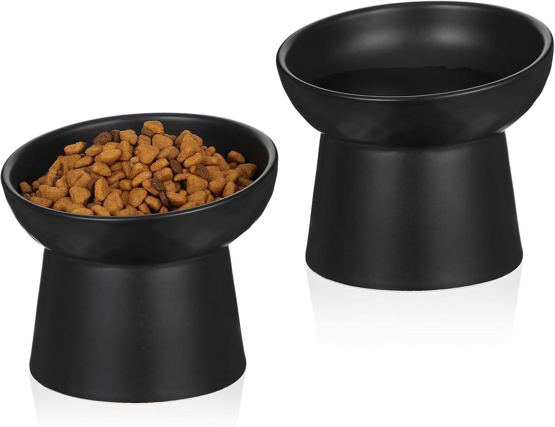 2PCS Anti-Tip Ceramic Pet Slanted Bowls  Elevated Tilted Cat Food & Water Bowls Set, Non-Slip Stress-Free Feeder for Cats & Small Dogs, Dishwasher and Microwave Safe (Black)