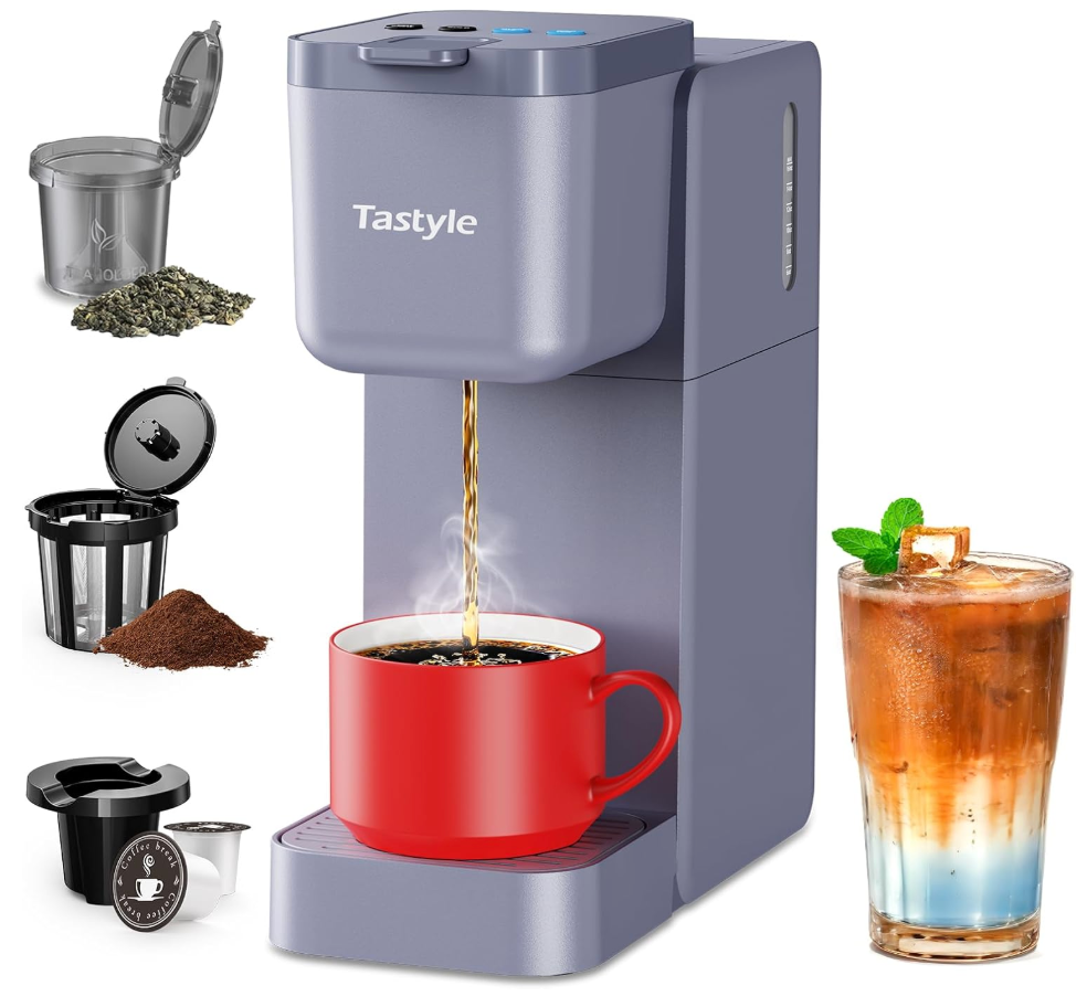 Tastyle Single Serve Coffee Maker for K Cup, Ground and Tea, Hot and Iced Coffee Machines with Bold Setting, 6 to 16 Oz Brew Sizes, Compact for Small Spaces, Gray (2.0 Version)